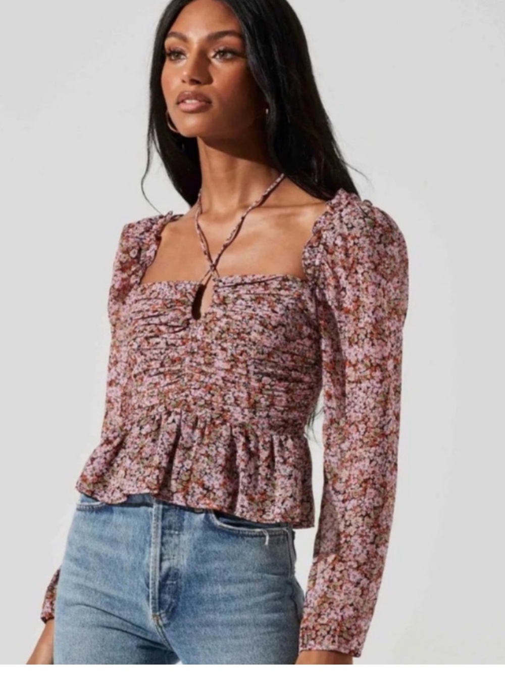 Astr Floral Smocked Square-Neck Long Sleeve Top - Rose Mix
